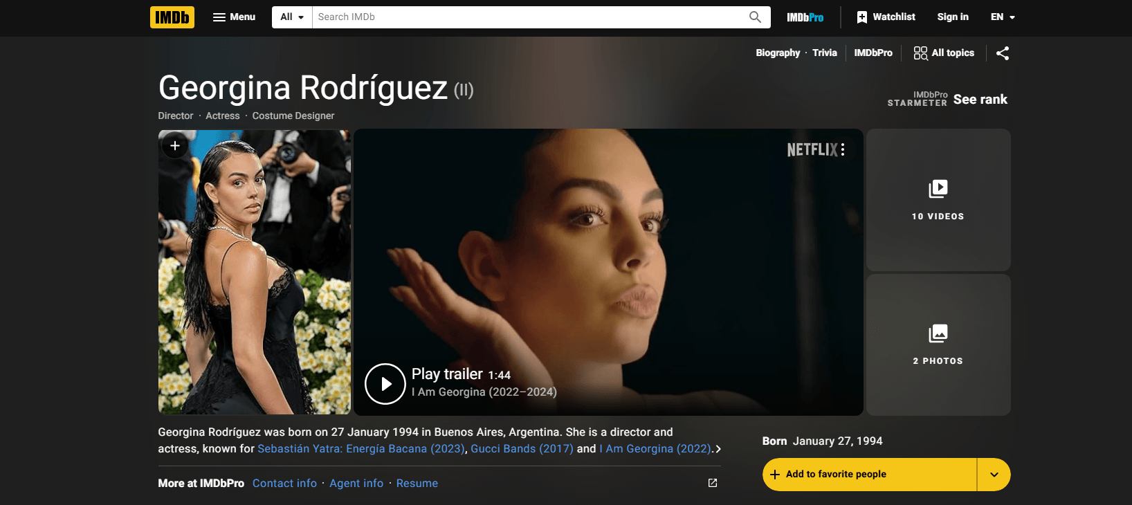 IMDb profile page showing a featured entertainment professional