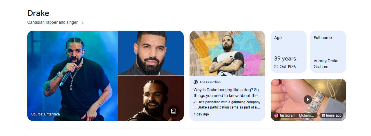 Example of a Google Knowledge Panel showing a person’s name, profession, images, news and profile details.