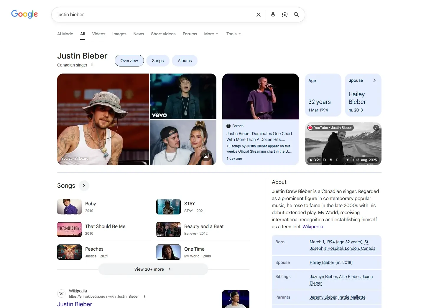 Example Google Knowledge Panel for Justin Bieber, showing a singer profile, images, songs, news and profile details